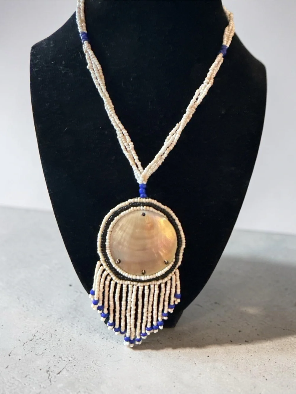Vintage Beaded Statement Necklace Shell Pendant Fringe Boho Tribal Style